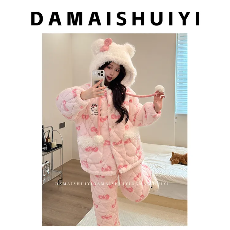 新款冬季保暖三层夹棉加绒加厚可爱ki猫可外穿连帽家居服套装