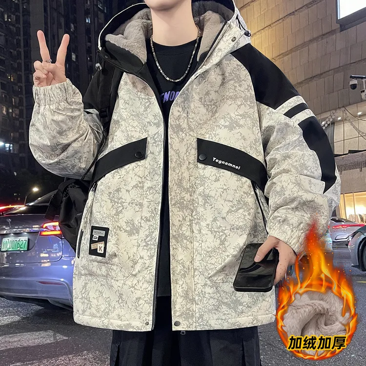 冬季新款连帽棉衣男士加绒外套宽松棉服青年学生保暖加厚男棉袄潮
