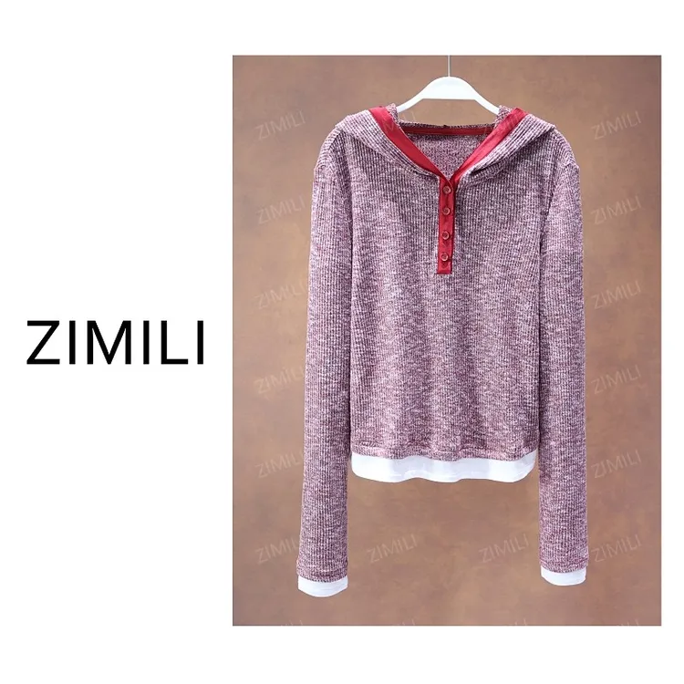 【亮哥女装】2025秋冬新品《慵适》酒红色拉毛拼接连帽上衣9925-E9