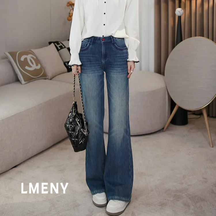 LMENY“口袋漫画腿”加绒牛仔裤女士25秋冬新加厚高弹微喇裤25DK028