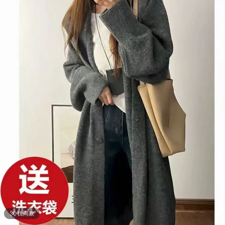 【送洗衣袋】秋季慵懒风长款毛衣开衫外套蝙蝠袖女连帽宽松韩版大衣