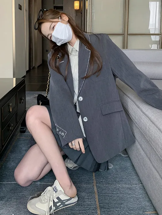 韩版宽松灰色西装外套女2025春秋季新款设计感小众学院风西服上衣