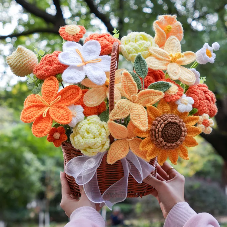 精致花篮摆件编织向日葵毛线花束成品乔迁开业伴手礼针织花束成品
