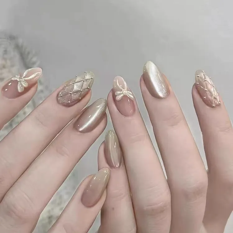 纯手工新款法式蝴蝶结手工穿戴甲高级菱格纹美甲气质猫眼美甲贴