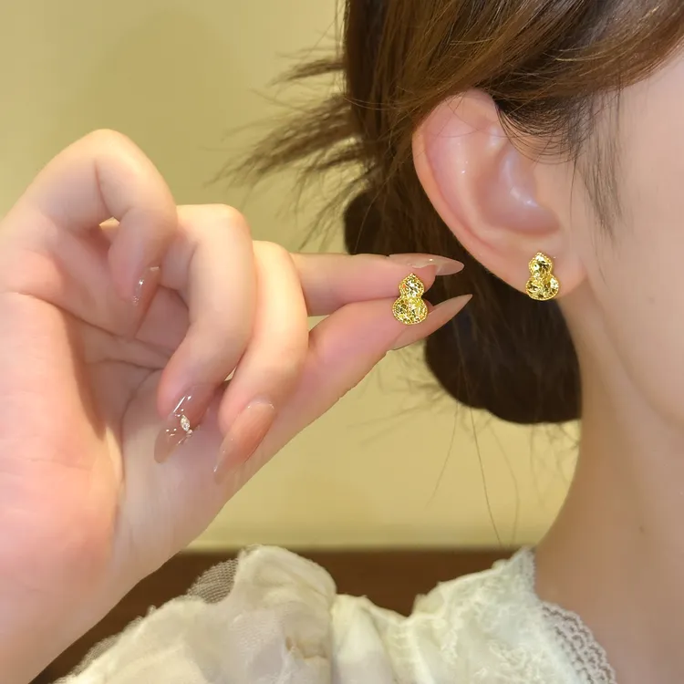 铜合金耳饰 碎冰冰金色葫芦耳钉复古耳环国风设计小众高级耳钉