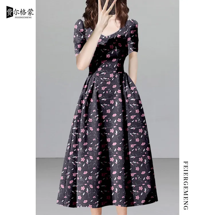 高档气质裙子长款夏季复古时尚连衣裙新款法式显瘦修身碎花长裙