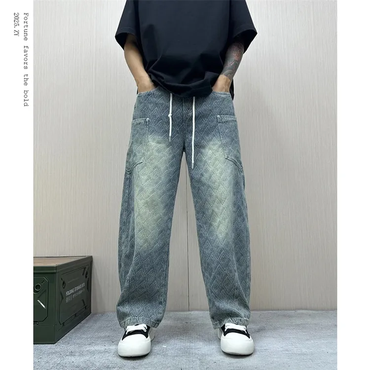 秋冬情侣美式直筒牛仔裤潮牌水洗大口袋菱形提花工装裤痞帅休闲裤