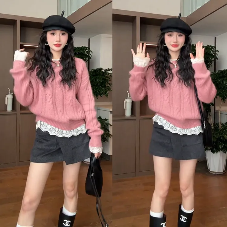 秋冬穿搭一整套女装2025新款韩版蕾丝打底衫针织毛衣短裙三件套