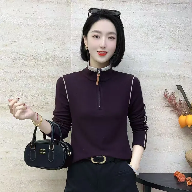 【韩紫朵】2025新品加绒毛毛领拉链保暖长袖T恤女士89080