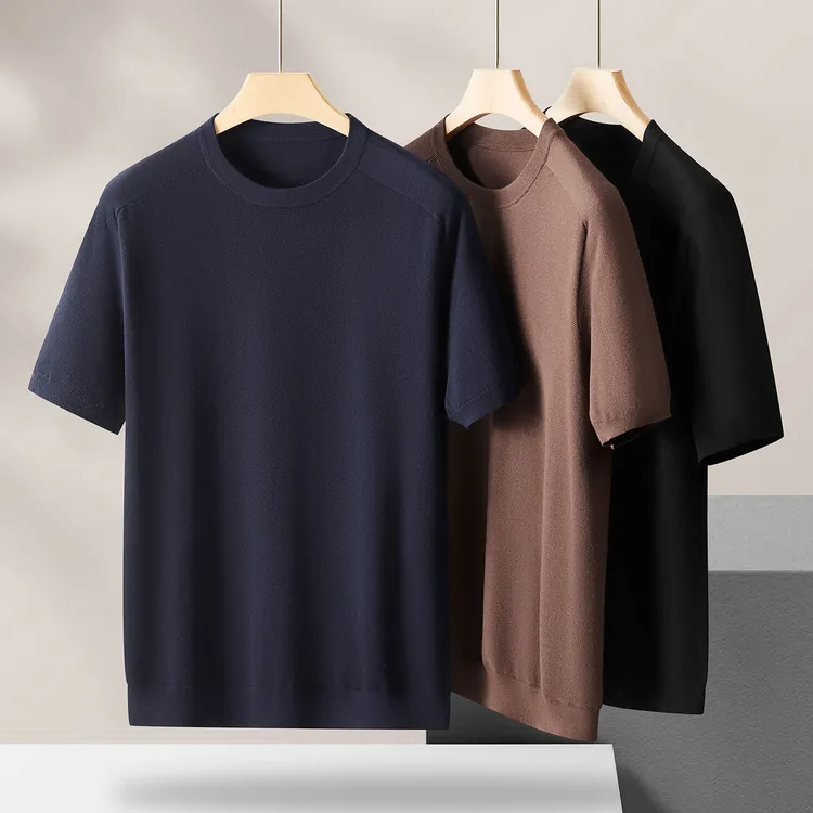 秋冬简约纯色大码内搭半袖针织衫男士加肥加大圆领打底短袖毛线衣