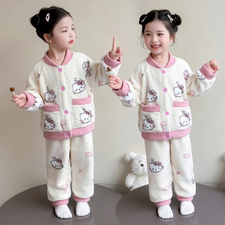 女童睡衣秋冬季2025新款珊瑚绒女孩开衫套装法兰绒冬款儿童家居服