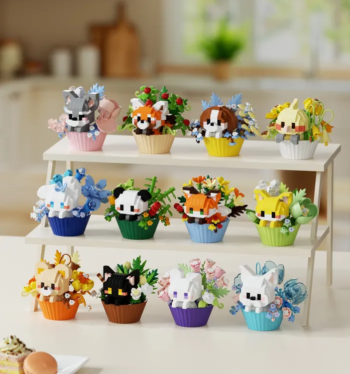 潮乐创微颗粒动物盆栽积木玩具摆件礼物模型鲜花女生礼品迷你玩具