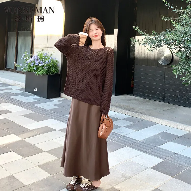 咖色复古美拉德连衣裙套装女夏2025新款镂空针织上衣吊带裙两件套