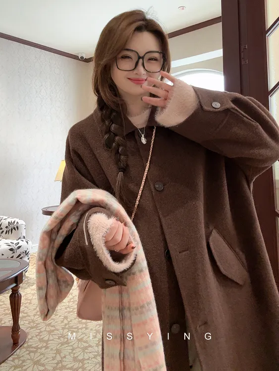 应小姐【松柏大衣】微胖大码宽松显瘦100绵羊毛慵懒翻领双面呢大衣