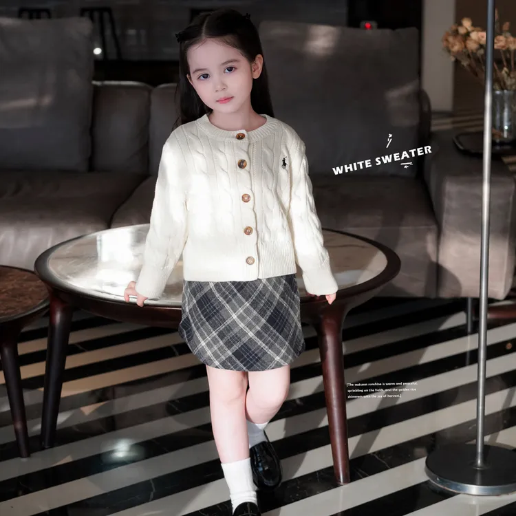 AnnieGirl秋季新款小众女童毛衣温柔麻花针织格子裙裤套装2025