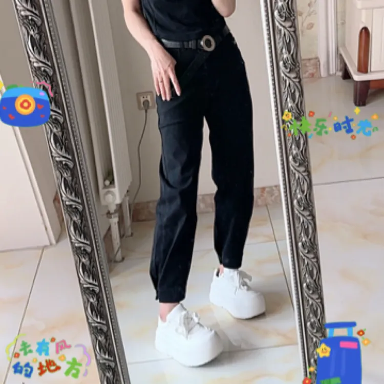 69075黑色高弹两穿牛仔裤