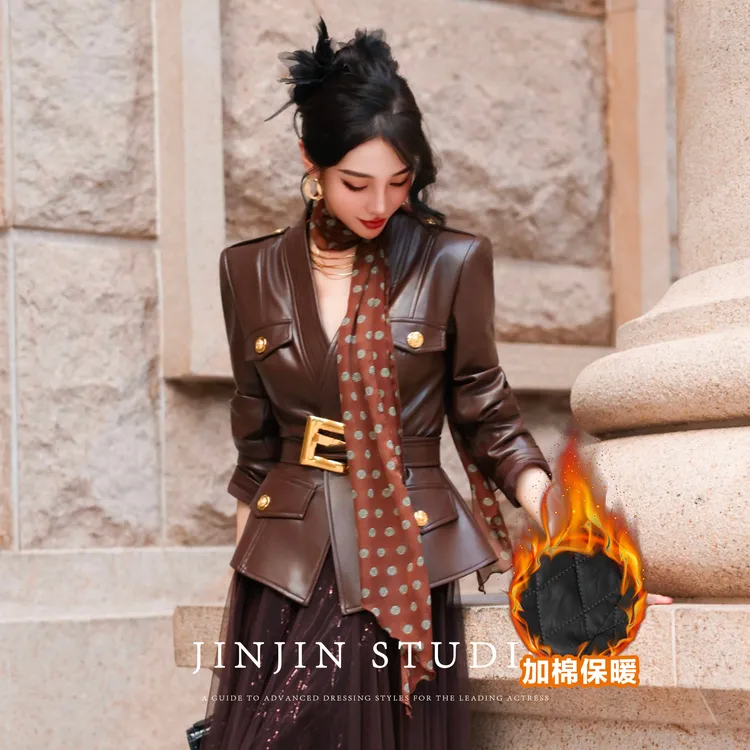 MD进进原创【魅力女王】2025秋冬加棉显瘦收腰气质设计感皮衣外套