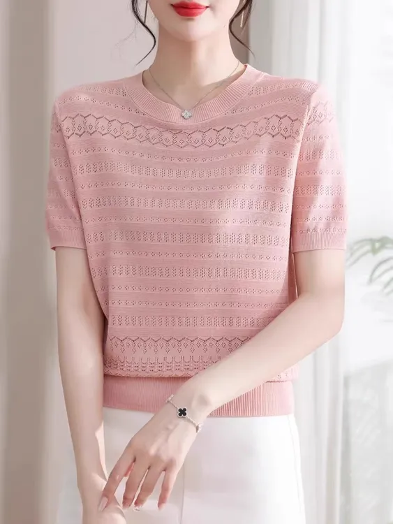 年轻妈妈装冰丝短款上衣2025新款短袖t恤夏季中年女装针织衫薄款