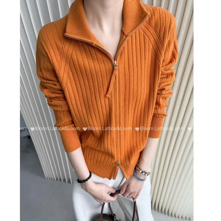 PCNY不理理“南瓜橘色”休闲立领拉链绵羊毛衫冬季新款针织毛衣