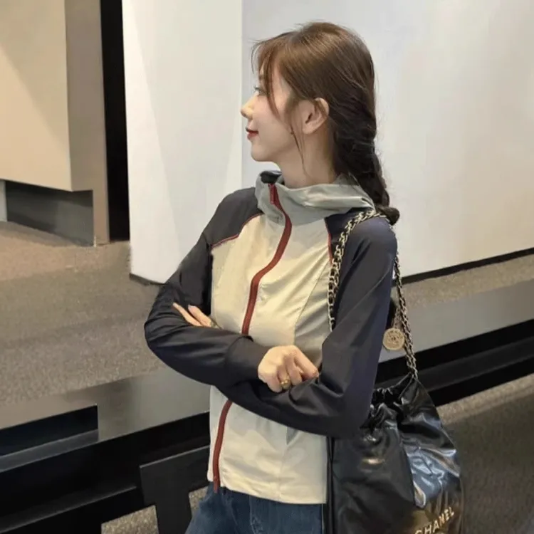 复古高级感撞色连帽防晒短外套女春季宽松时尚插肩袖简约长袖上衣