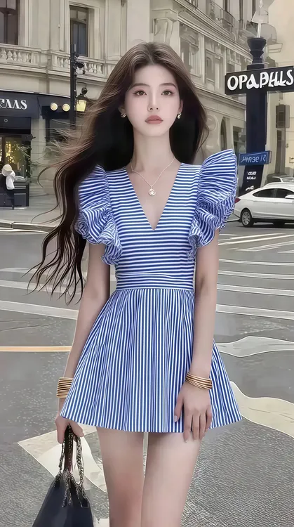 夏季新款温柔风蓝色条纹V领拼接设计连衣裙女时尚显瘦高级氛围感