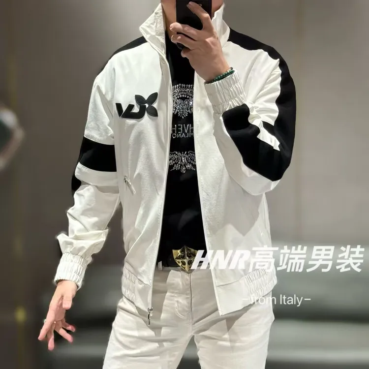 立翻领设计春季新品莱卡弹力纤维布手工拼接黑白色拉链夹克619