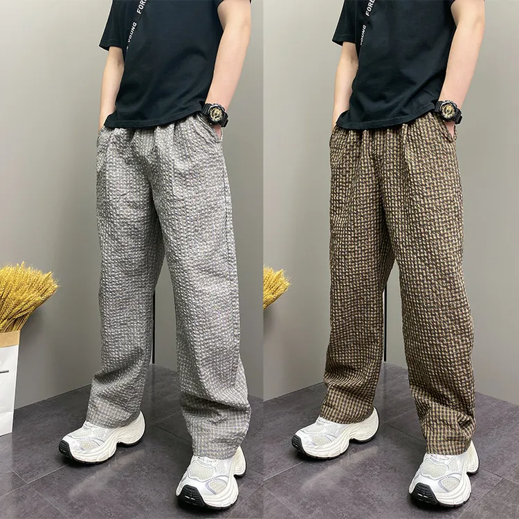 DOEA夏季薄款2025年宽松哈伦青年男士休闲痞帅高街格子直筒阔腿裤