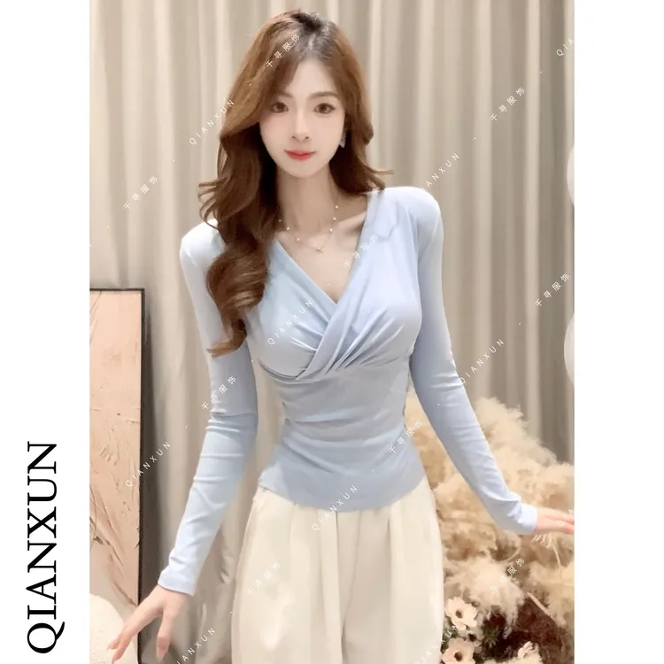 千寻家 秋季新款蓝色修身打底衫百搭显瘦上衣纯欲风V领T恤女533