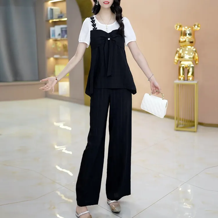 洋气假两件上衣直筒裤两件套女2025年夏季新款高档时尚减龄套装裤