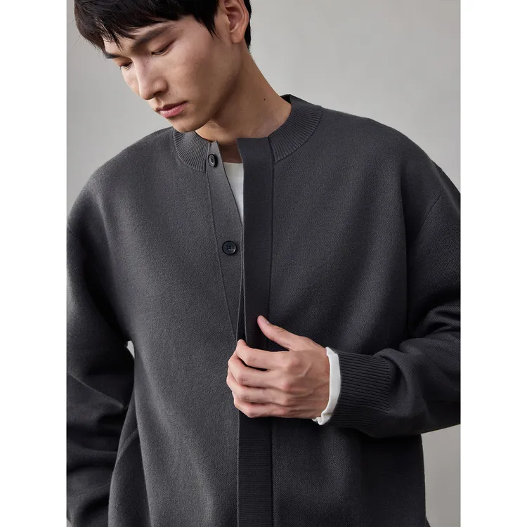 THESSNCE亨利领叠层门襟双面异色羊毛针织开衫