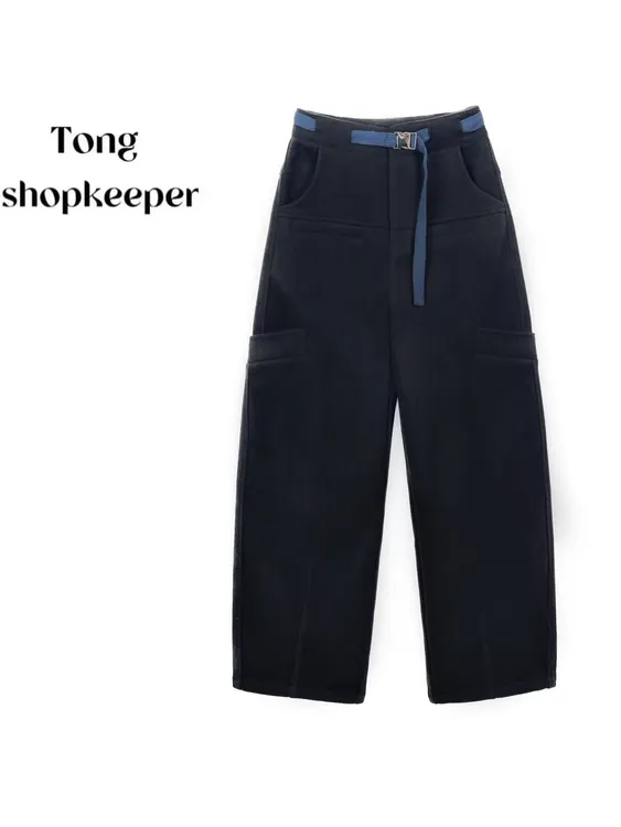 QJ/彤掌柜1682868 秋冬2025加厚绵羊毛腰带工装时尚口袋休闲裤