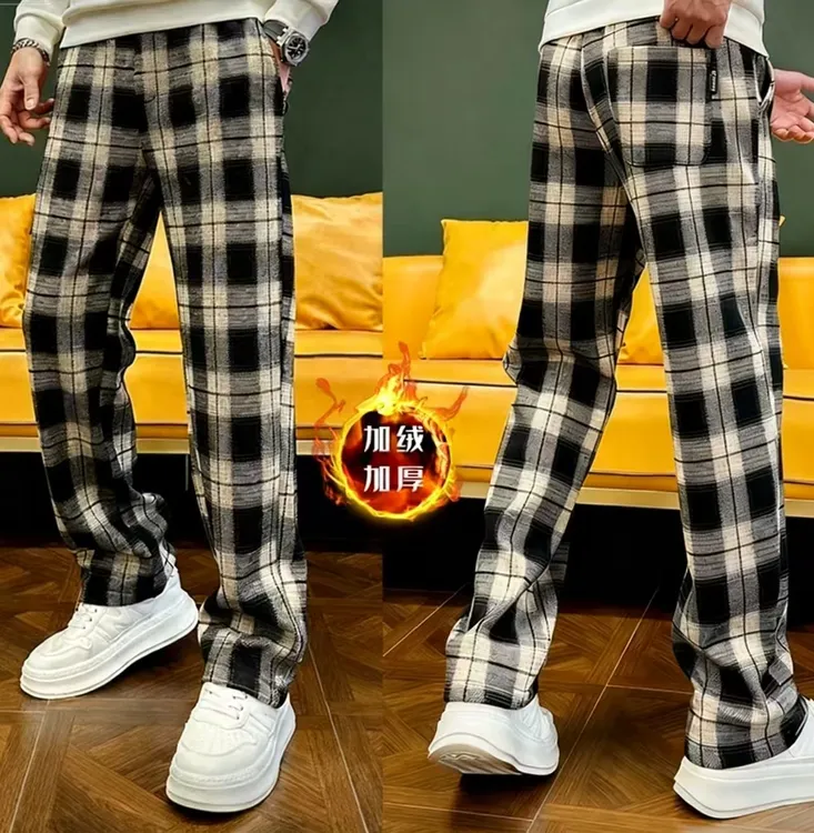 冬季百搭几何图案男潮流风免烫休闲裤裤子阔腿裤加绒加厚