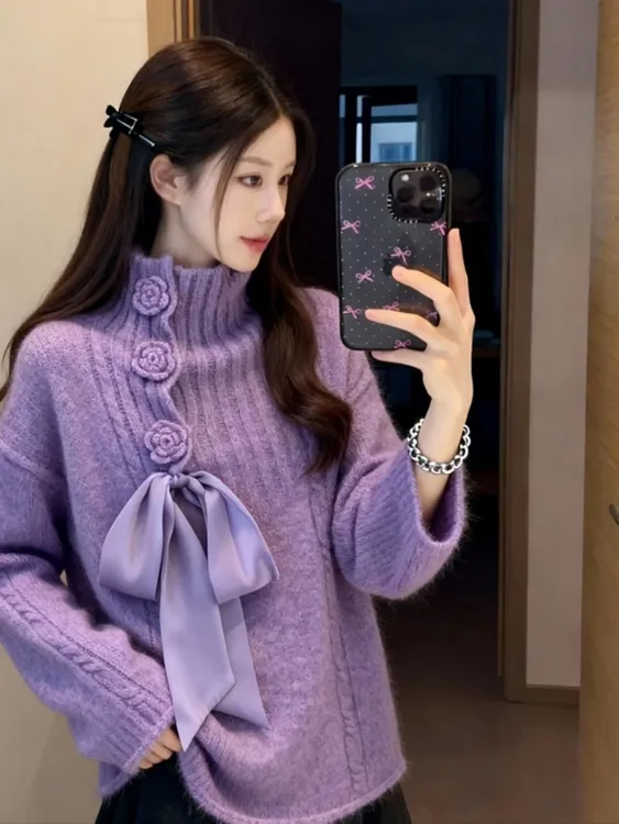 紫色蝴蝶结系带高领毛衣女款2025新款秋冬立体花朵长袖针织衫上衣