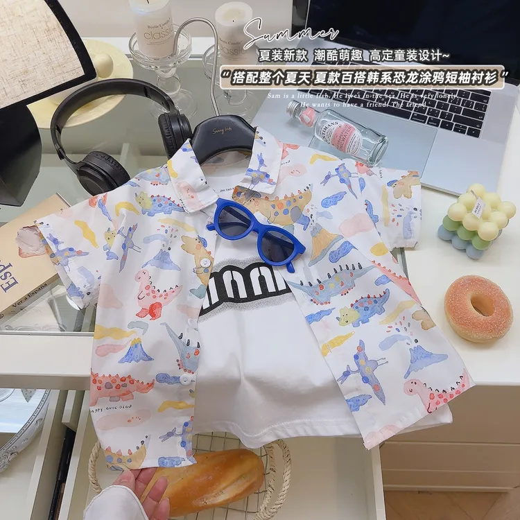 【100棉】夏季儿童新款印花恐龙洋气短袖衬衫男女童透气百搭短袖
