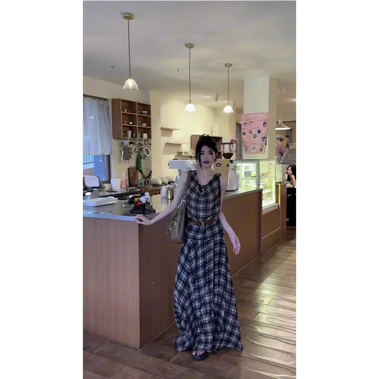2025夏季新款藏青色格子百搭荡领背心上衣女高腰半身长裙两件套装
