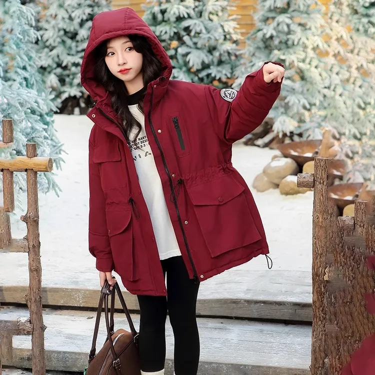 女童加厚加绒派克服2025新款大童洋气中长款收腰外套儿童红色棉服