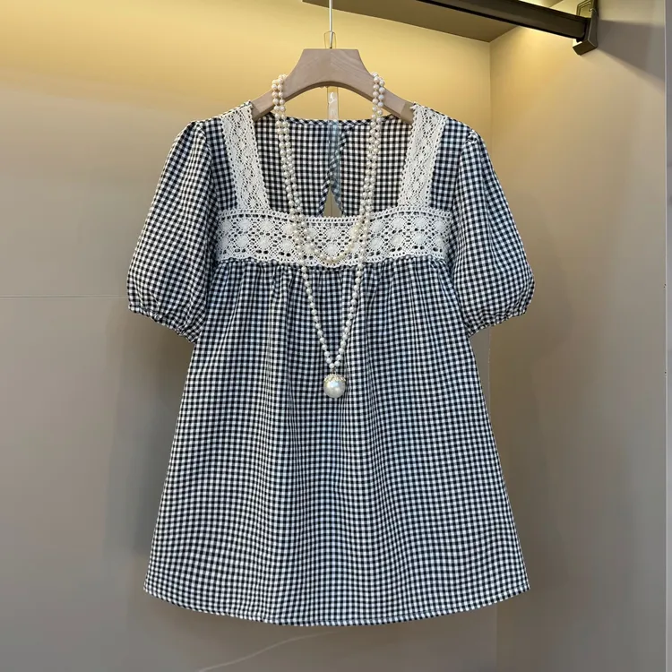 法式方领蕾丝拼接格子短袖衬衫女夏季宽松娃娃衫设计感上衣2518