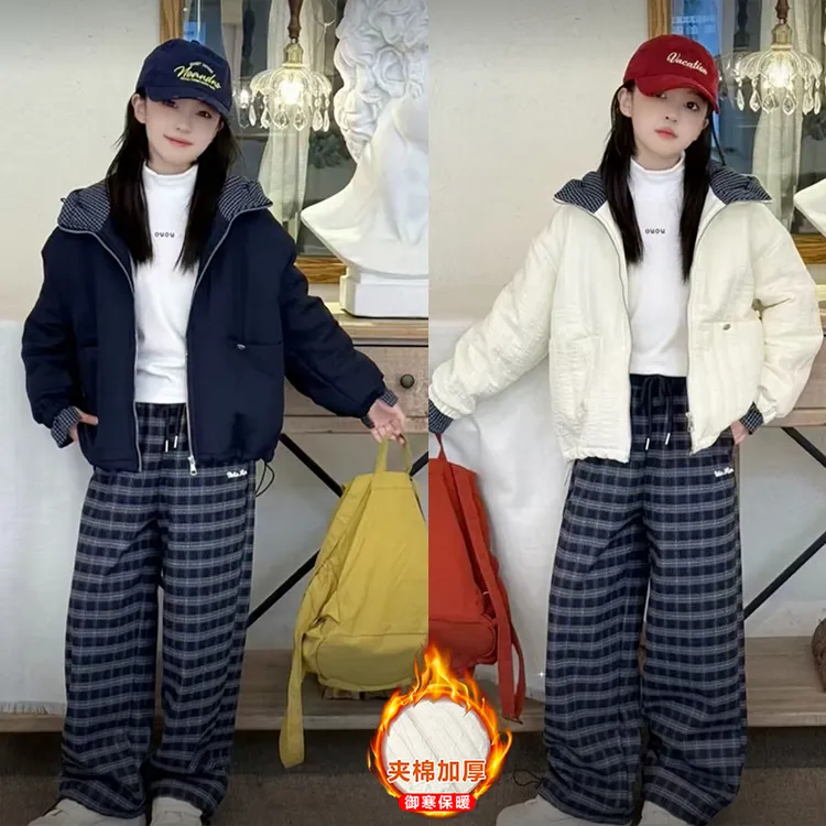 女童格子拼色绗线棉衣冬季新款儿童棉服女孩2025新款爆款