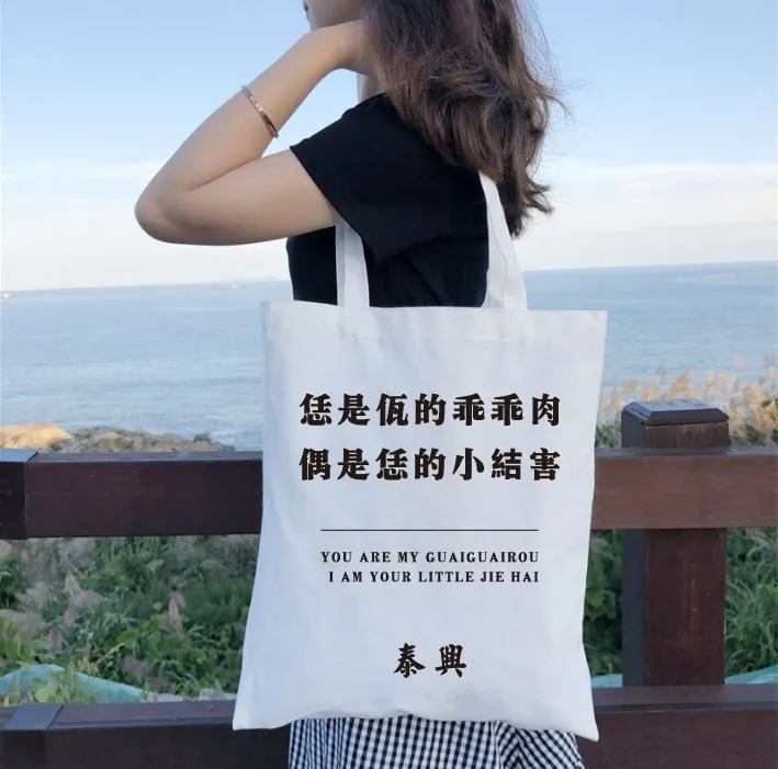 泰兴方言版白色帆布袋大众逛街收纳35×40cm手工定制款