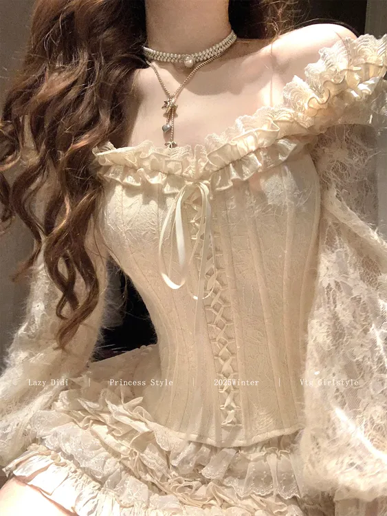 重工古董蕾丝系带蕾丝上衣公主风泡泡袖衬衫名媛千金内搭雪纺衫女