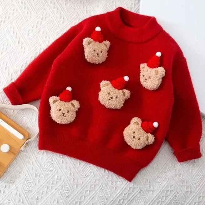 圣诞新年儿童红色毛衣秋冬新款加厚女童卡通小熊洋气针织衫上衣