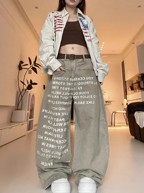 BINXLAN美式复古字母印花弯刀牛仔裤女阔腿宽松直筒休闲时尚裤子