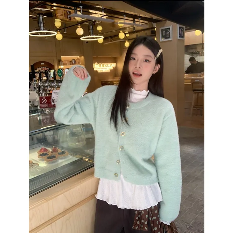 浅绿色仿水貂毛针织外套23001#