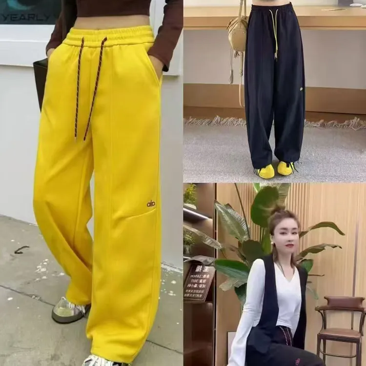 黄色运动阔腿筒裤裤女2025春秋弯刀新款刺绣高腰宽松休闲香蕉长裤
