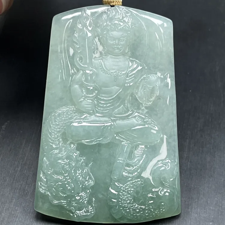 缅甸A级翡翠颈饰精美守护神雕刻挂件不动明王