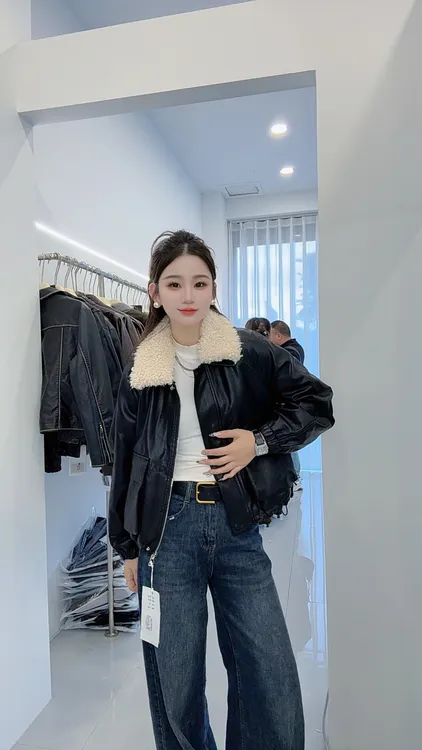 女短款休闲风宽松型极简风黑色冬季百搭翻领皮衣加绒8879