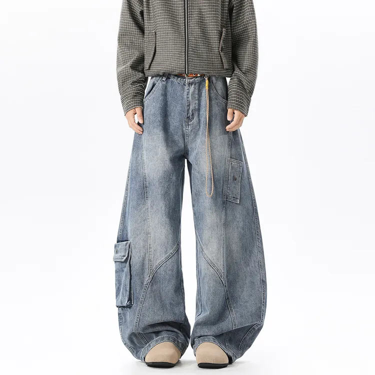 美式高街工装牛仔裤子男秋季设计感多口袋弯刀裤宽松百搭阔腿长裤