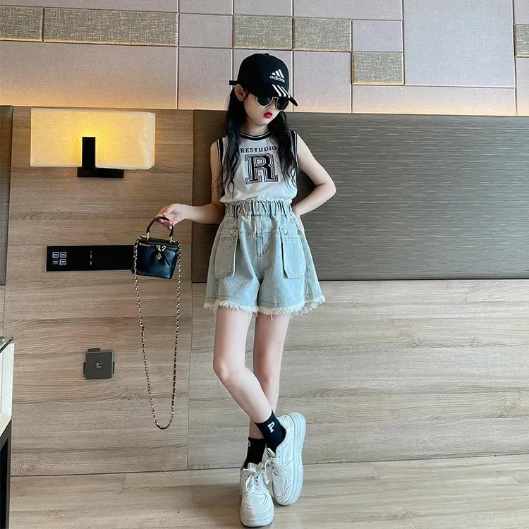 韩式短裤女童新款爆款牛仔夏季儿童薄款裤子女孩大童夏装洋气套装