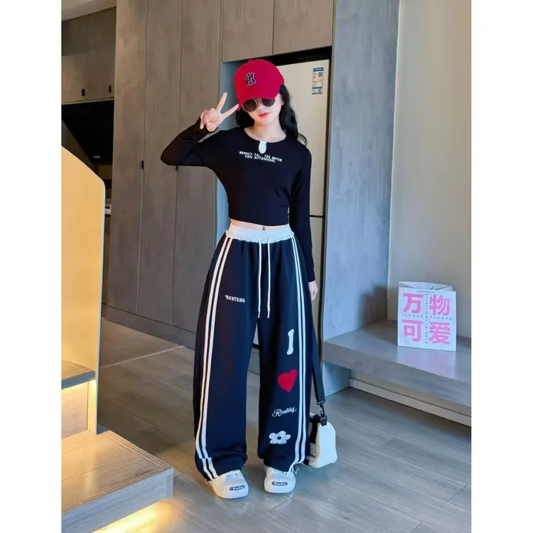 女童春秋学生版美式复古直筒阔腿休闲裤春秋时尚显瘦运动裤百搭潮