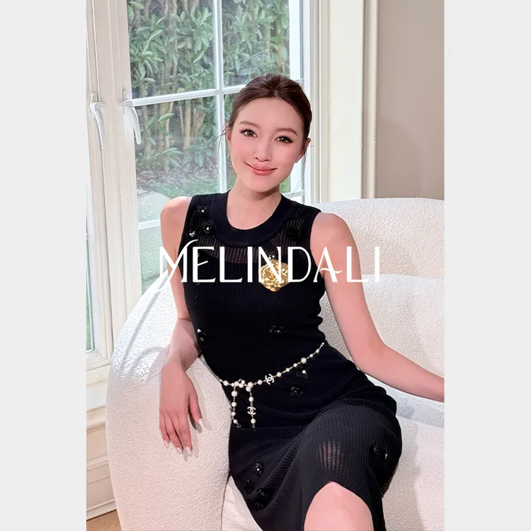 Melinda Li【夜蝶豆】法式轻奢立体钉珠花朵针织显瘦无袖连衣裙
